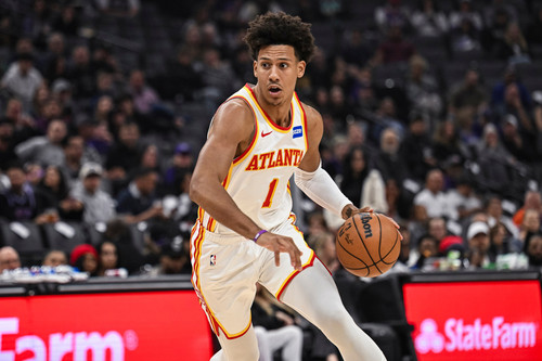 Atlanta Hawks forward Jalen Johnson (1) dribbles the ball during the first half of an NBA basketball.jpg