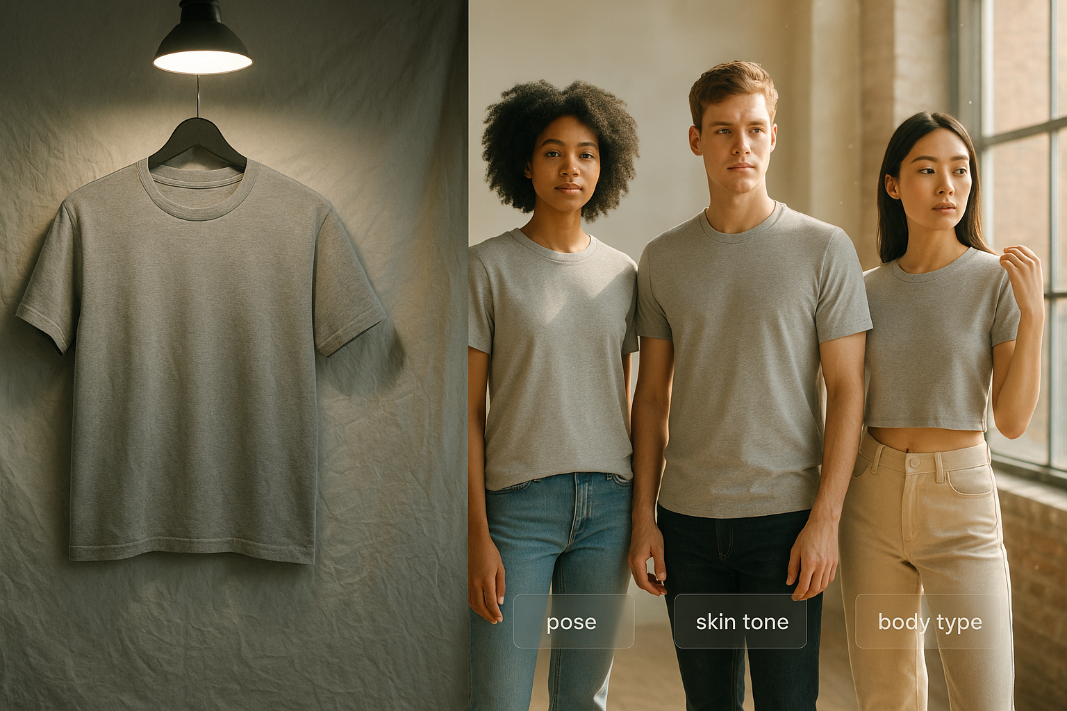 An editorial, split-scene fashion visual. Left side: a cramped DIY photo setup with a wrinkled backdrop and a flat T-shirt under harsh overhead light; colors are cold, shadows are hard, and the shirt looks lifeless. Right side: a sunlit loft studio with three diverse models wearing the same tee in different fits—relaxed, tailored, and cropped—each in dynamic yet natural poses. Soft window light creates gentle rim highlights; fabric texture is crisp and believable. A shallow 50mm, f/1.8 depth of field isolates the models against airy bokeh and floating dust motes. Minimal, translucent UI-like panels hover tastefully pose, skin tone, body type without logos, hinting at AI control. Palette: warm neutrals with subtle teal and amber grading. Hyperrealistic, editorial vibe, balanced negative space, tactile detail of cotton weave and seams.