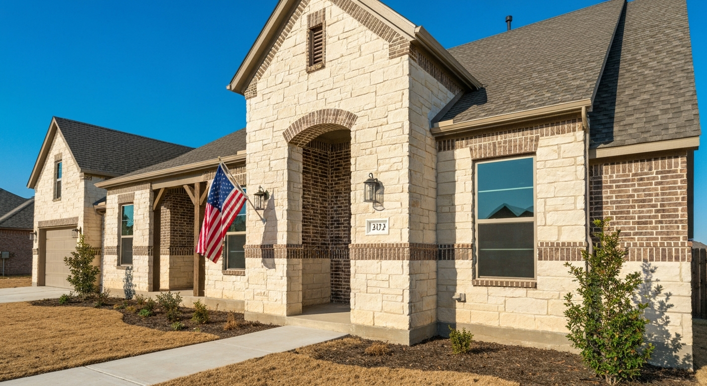 New construction home near JBSA San Antonio with American flag on front porch - military-friendly buyer checklist 2026