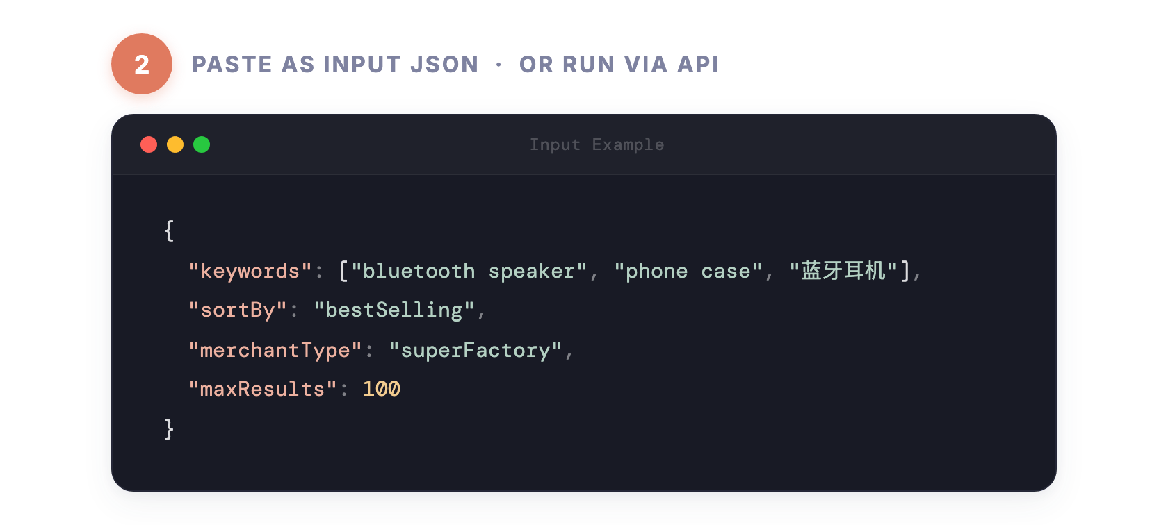 Step 2 — Paste as input JSON or run via API