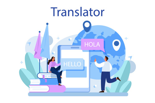 Translator concept. Linguist translating document, books and speach. Multilanguage translator using .jpg
