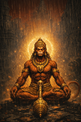 Hanuman in meditation amidst rain.png