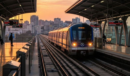 1755782293Pune Metro Line 3 train at an elevated station with a cityscape background at sunset.jpg