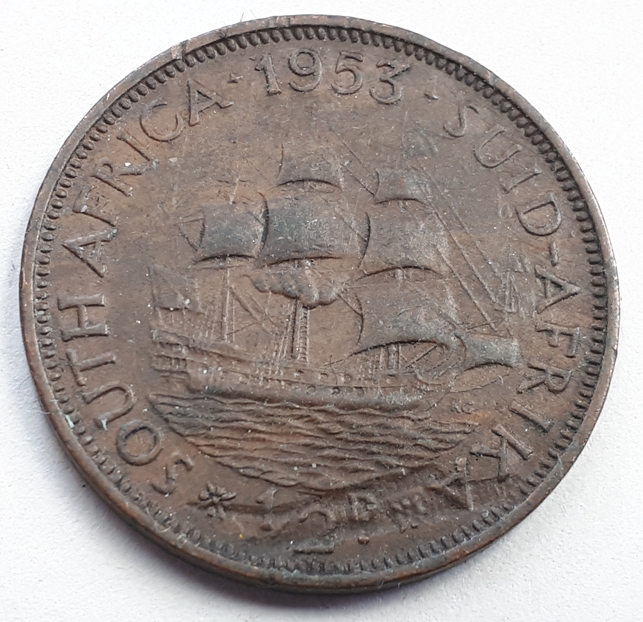 1/2-Penny-South-Africa-1953---Planchet-Lamination-Error?