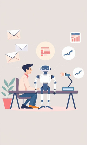 a flatdesign illustration in pastel colors showing a developer at a desk surrounded by floating ico.jpg