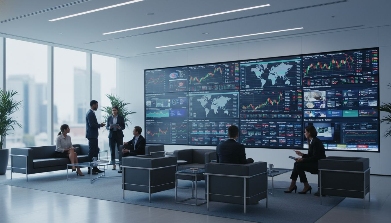 A professional environment illustrating the convergence of financial data and video media via the X TV platform.