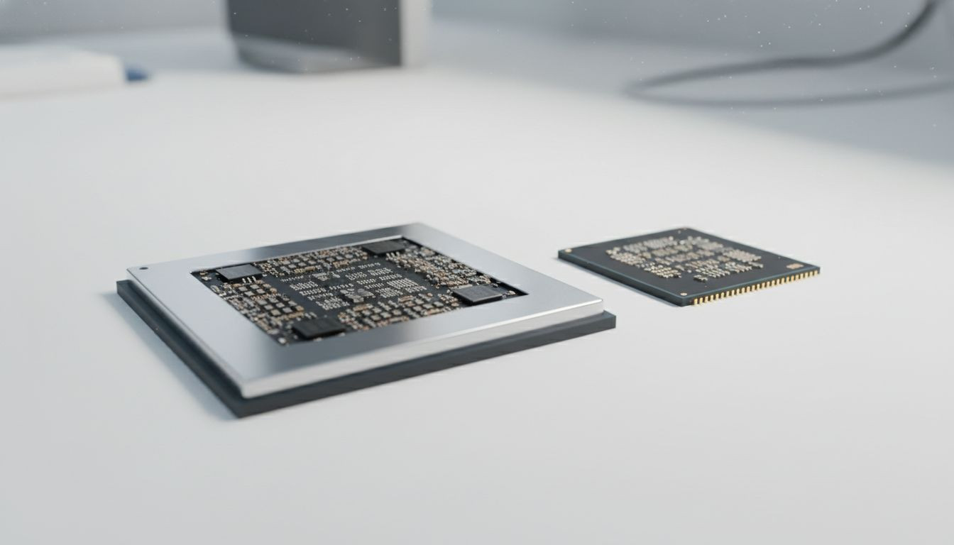 A macro shot of a mobile modem chip representing the hardware required for Android 15 satellite messaging.