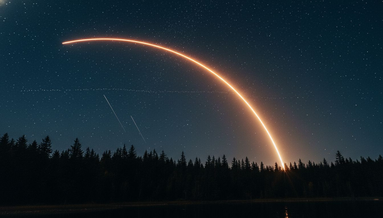 A long exposure photo of a rocket launch representing the satellite infrastructure behind Android 15 connectivity.