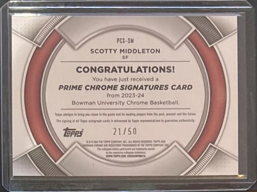 2023 24 Bowman University Best Scotty Middleton Prime Refrractor Auto 50 (2).1