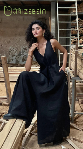 Zebein 100% pure linen V neck jumpsuit with pockets.png