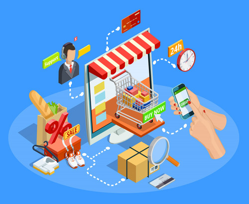 Online shopping with smartphone concept flowchart  isometric e-commerce poster with customer support.jpg
