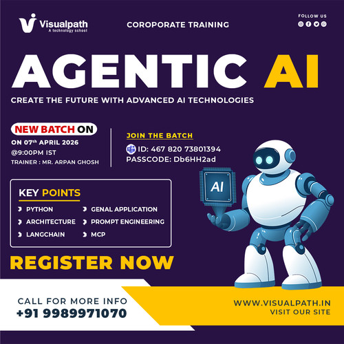 🚀 Agentic AI Online Training – New Batch Starting Soon !
Upgrade your career with industry-level AI training
🔗 Join Here: https://bit.ly/3NP1Dmc
🆔 Meeting ID: 467 820 73801394 
🔐 Passcode: Db6HH2ad 
📅 Starts On: 07 April 2026  ⏰ Time: 9:00 PM IST
👨‍🏫 Trainer: Mr. Appan Ghosh
🌍 Learn from anywhere – we provide online training locally and globally for learners
📞 Call: +91 9989971070
📲 WhatsApp: https://wa.me/c/917032290546
🌐 Website: https://www.visualpath.in/agentic-ai-online-training.html