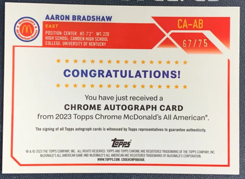 2023 24 Topps Mcdonald's Chrome Aaron Bradshaw Yellow Refractor Auto 75 (2).1