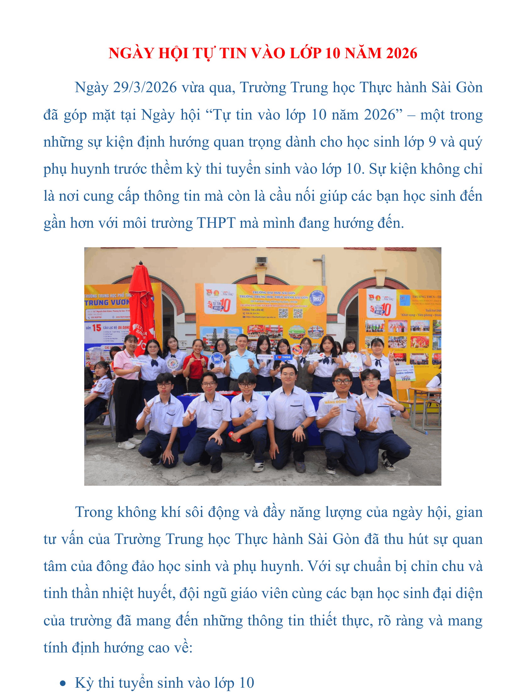 THSG Ngày hội tự tin vào lớp 10 năm 2026 1