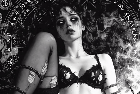 Black and white occult illustration of a seductive feminine figure surrounded by ritual symbols and smoke and chains, representing desire, erotic energy, and mystical influence.