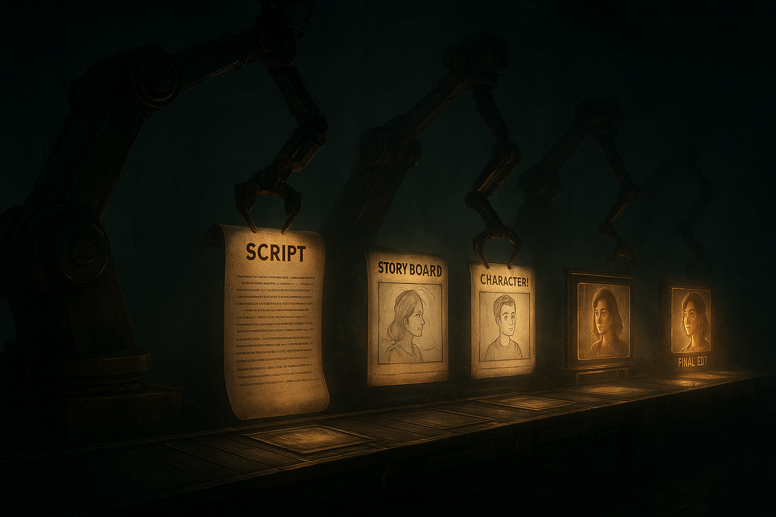 A surreal assembly line that turns floating text scrolls and reference photos into luminous film frames. Robotic arms guide frames through stages: script, storyboard, character design, rendering, and final edit. Deep shadows, volumetric light beams, hyperreal textures, cinematic perspective.