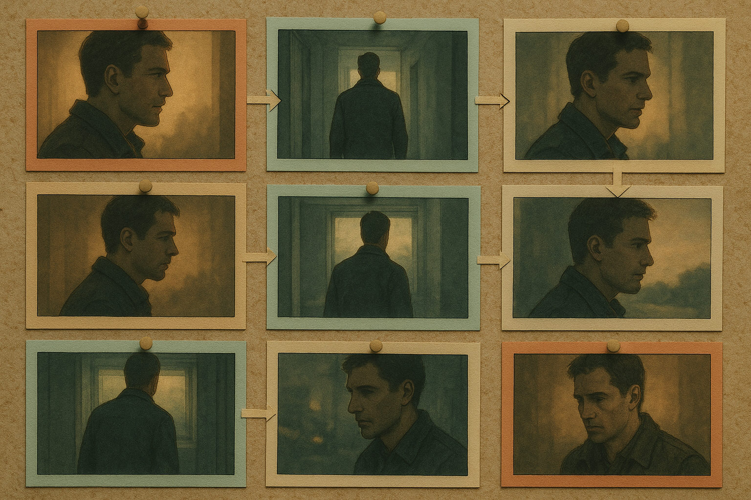 A cinematic storyboard wall with color-coded frames depicting a consistent main character moving through different scenes. Soft rim lighting, pinned notes with arrows indicating transitions, cohesive color palette, shallow depth-of-field, realistic paper textures, no text.