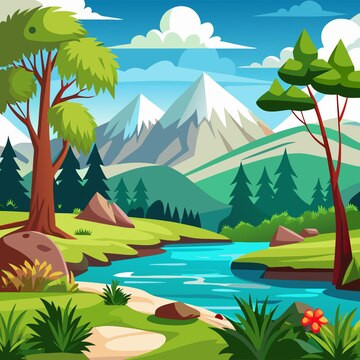 lanskap kartun dengan sungai berkelok kelok pepohonan hijau dan pegunungan yang tertutup salju di la.jpg