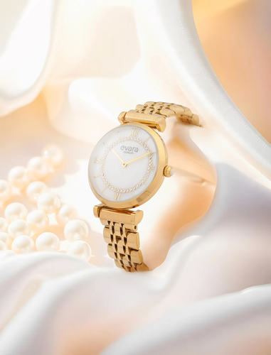 Qorum Evara Ladies Watch - Mother of Pearl Dial, Gold plated Stainless Steel Strap.png