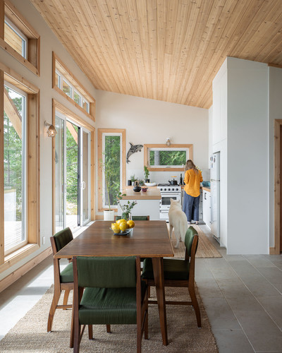 gambier island residence bc dining lifestyle woman dog cedar ceiling.jpg