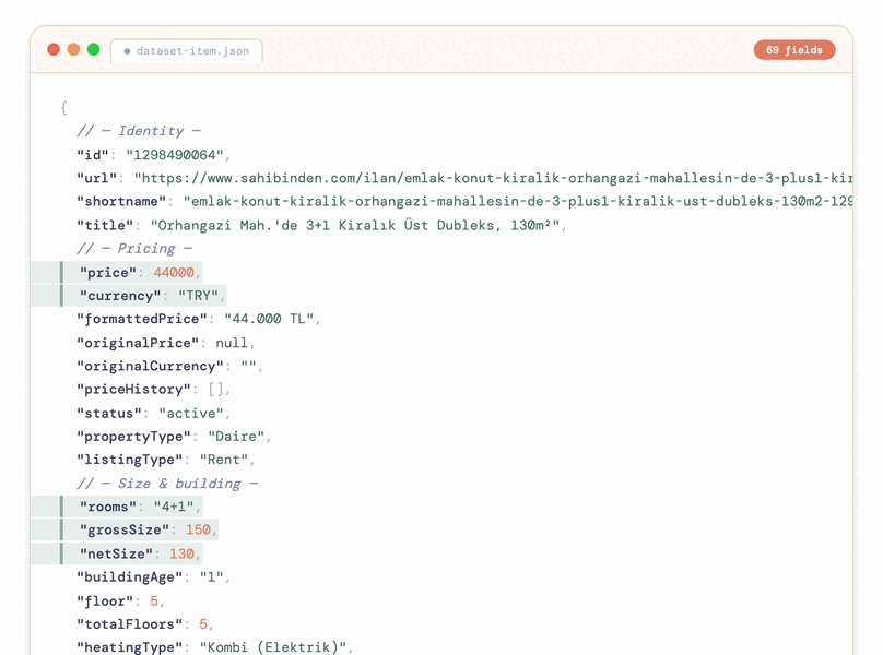 Scrolling output example — all 65+ fields in one record: price, rooms, size, location, seller profile, store, and phone numbers