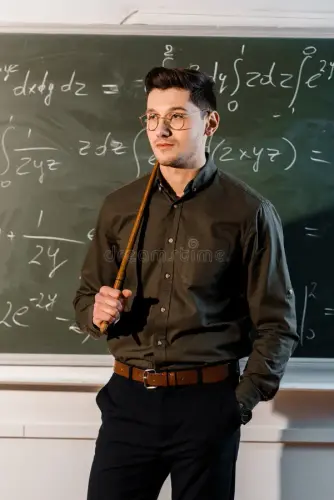 serious male teacher formal wear holding wooden pointer front chalkboard equations 155809695.webp