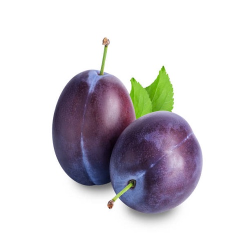 Plum fruits isolated on white background. Two fresh prunes with green leaves.jpg