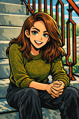 Confident woman on urban steps.png