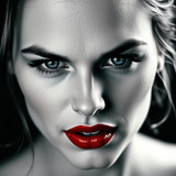 a beautiful woman with blue eyes and red lipstick by karoglan46 dlrnzr6