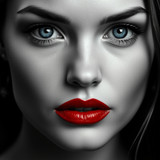 a beautiful woman with blue eyes and red lipstick by karoglan46 dlrnzo9