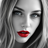 a beautiful woman with blue eyes and red lipstick by karoglan46 dlrnzjb