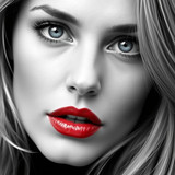 a beautiful woman with blue eyes and red lipstick by karoglan46 dlrnzqw
