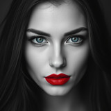 a beautiful woman with blue eyes and red lipstick by karoglan46 dlrnzji