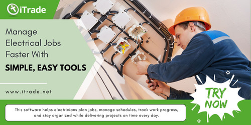 iTrade brings simple electrician job management software that helps electricians manage work more efficiently. It supports scheduling, job tracking, and team coordination in a clear and easy way. Businesses can stay organized, reduce delays, and keep every project moving forward without confusion. The system helps teams stay connected and focused on completing tasks on time. It’s a useful tool for electricians looking to improve workflow, save time, and manage daily operations with confidence. Contact us!