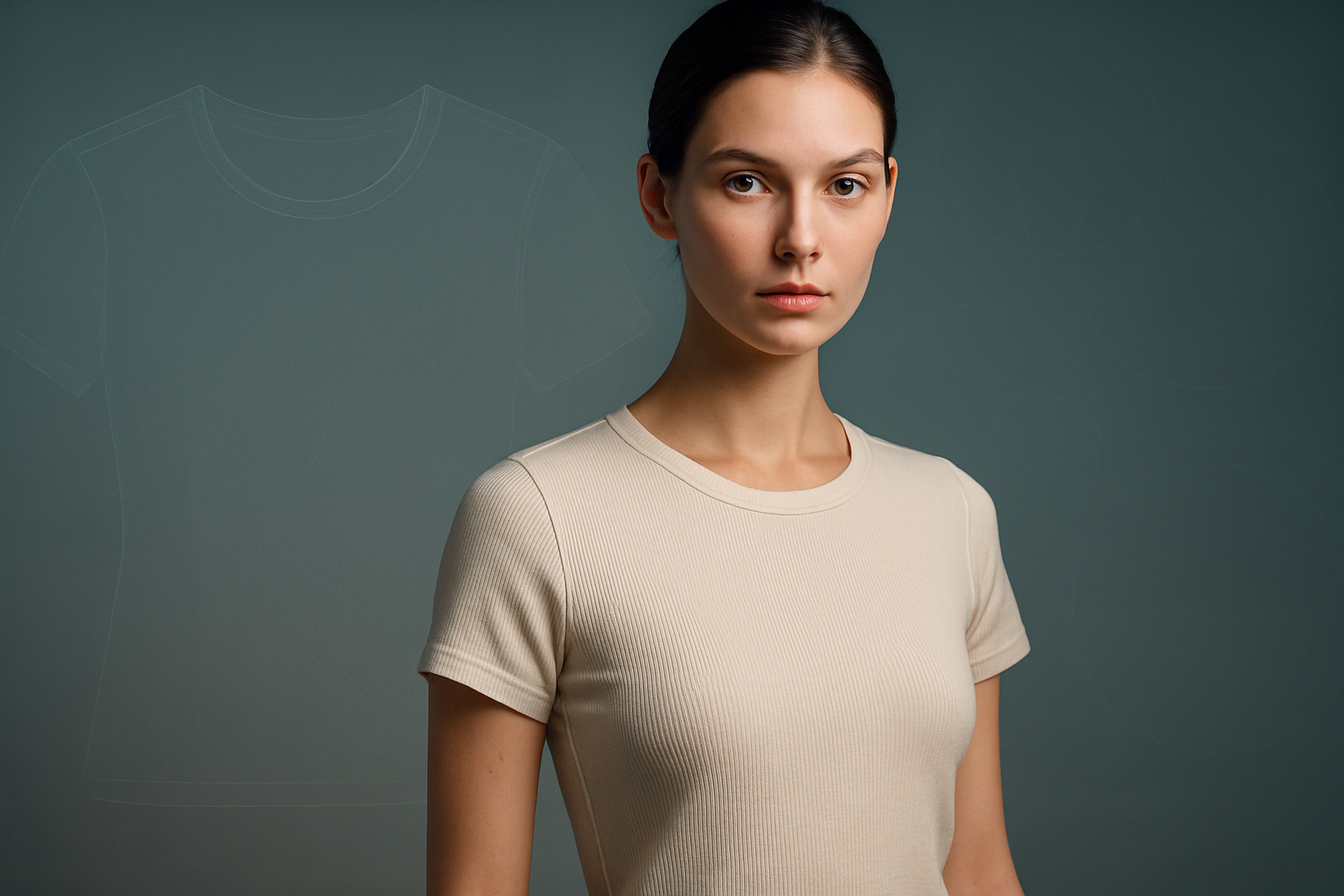 A hyperreal studio portrait of a fashion model standing under soft key light, wearing a minimal cream tee that reveals fine ribbing and subtle stitching. The left half of the frame shows faint ghosted outlines of the flat-lay garment transitioning into the draped version, with delicate fabric folds forming along the shoulder and elbow. A cool rim light kisses the sleeve edge; a soft ground shadow anchors the figure. In the background, a muted cyclorama fades into misty depth, with ethereal overlays suggesting pose guides and lens circles—no text or brands. 50mm prime look, shallow depth of field, gentle teal–magenta grade, 8k clarity, photographic realism.