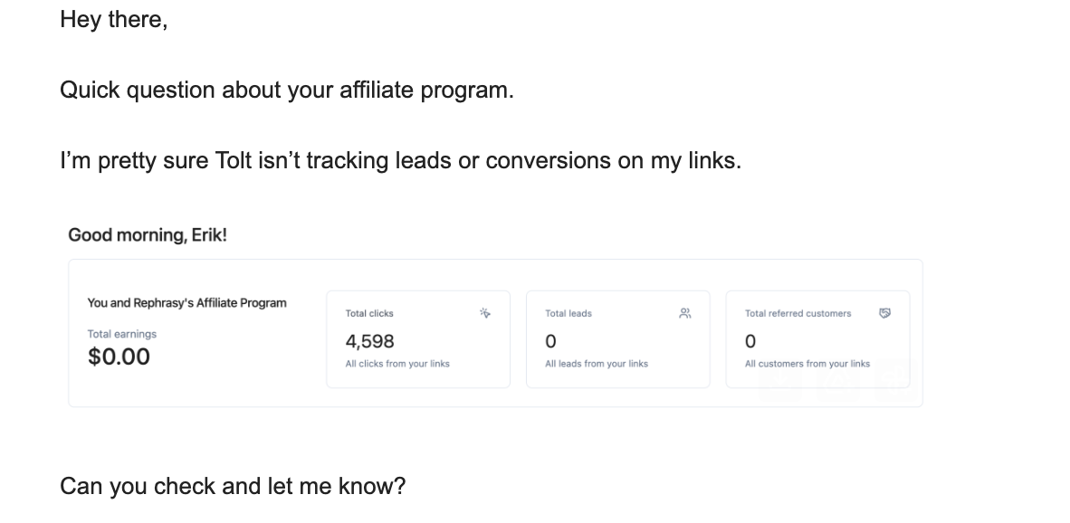Email to Rephrasy showing the affiliate dashboard stats and asking them to check the tracking