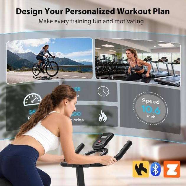 Exercise Bike, Wenoker Magnetic Stationary Bike for Home App Sync Indoor Bike with Adjustable Seat and Handlebar, Transport Wheels and Fitness Courses for Weight Loss