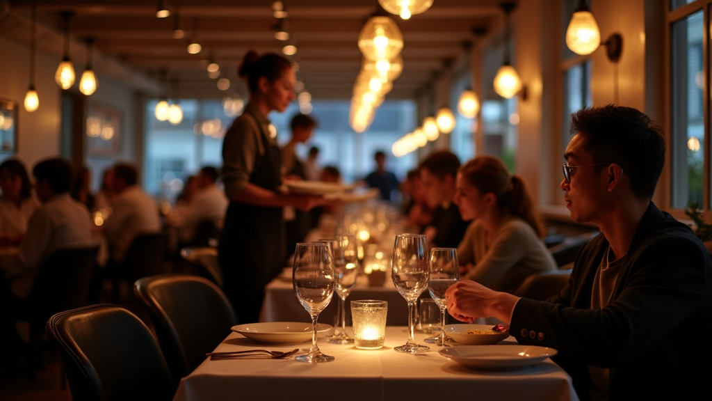 Salle pleine d'un bistro québécois à 19h le vendredi, ambiance de service de pointe