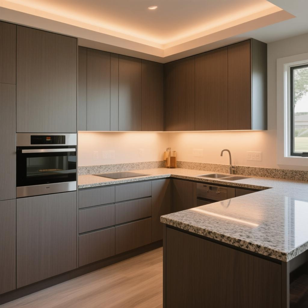 Modern modular kitchen with L-shaped design, laminate cabinets, and granite countertop