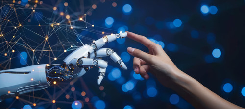 human robotic hands reaching across glowing data network fingertips nearly touching.jpg