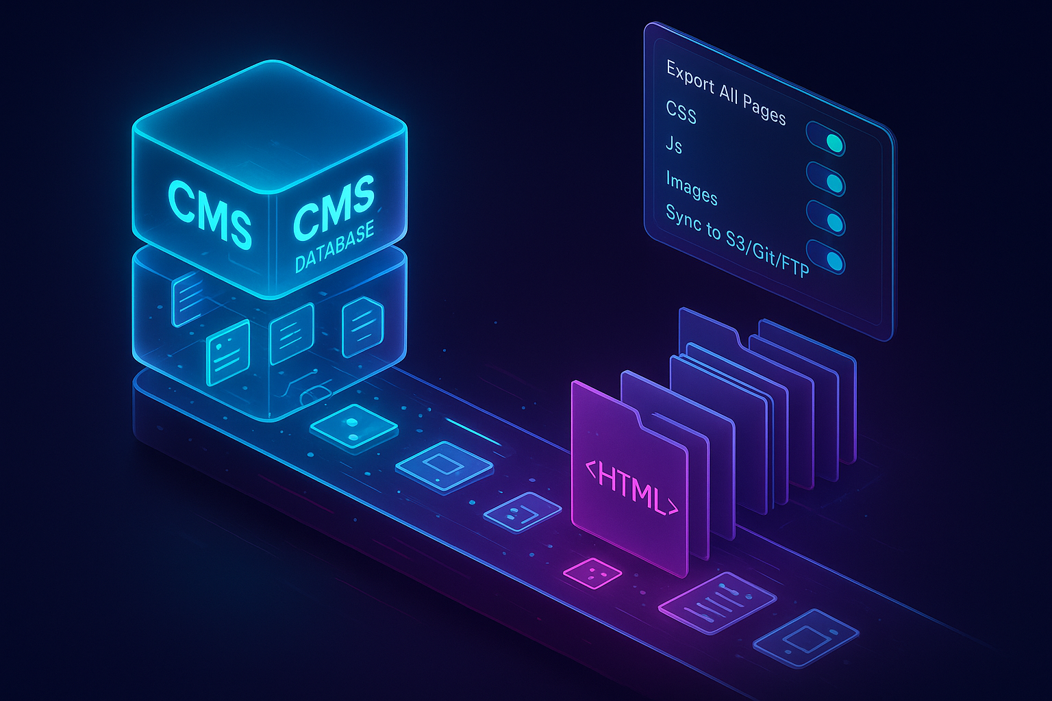 Isometric, hyperreal illustration of a glowing "CMS database" stacked translucent cubes with floating records transforming along a luminous conveyor into neatly arranged HTML files and folders. Visualize CSS and JS as color-coded light ribbons weaving into each page. Add tiny animated-style icons for images, forms, and interactions moving through. Palette: neon cyan, electric purple, soft magenta over deep charcoal. Glassmorphism UI panels float above with toggles for Export All Pages, CSS, JS, Images, and Sync to S3/Git/FTP. Style: sleek futuristic cyberpunk with subtle volumetric light and high-contrast reflections.