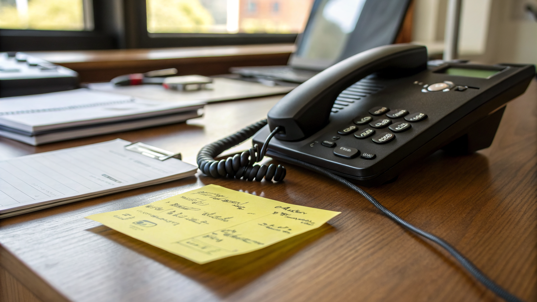 Mot-code vocal écrit sur un post-it à côté d'un téléphone de bureau