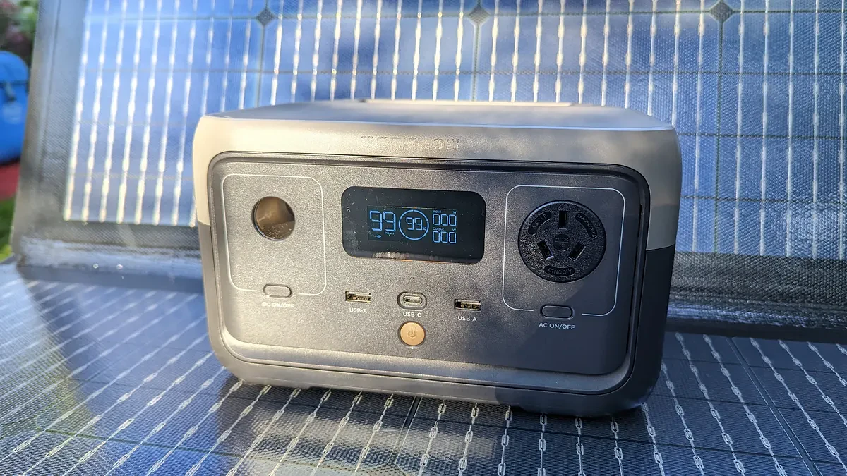 EcoFlow River 2 portable power station on solar panels