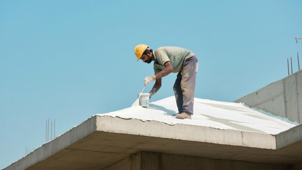 RCC roof waterproofing process showing worker applying waterproofing coating on concrete roof