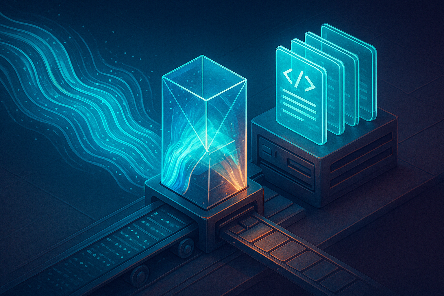 A surreal, high-detail 3D scene of a glowing assembly line transforming living, flowing data streams into crystalline HTML pages. On the left, fluid ribbons of code pulse in cool blues and teals; in the center, a transparent prism machine refracts the data; on the right, perfectly formed .html documents emerge as luminous glass cards stacking neatly on a sleek server shelf. Isometric perspective, cyberpunk-retro color palette, volumetric lighting, micro-texture details, no text and no logos.