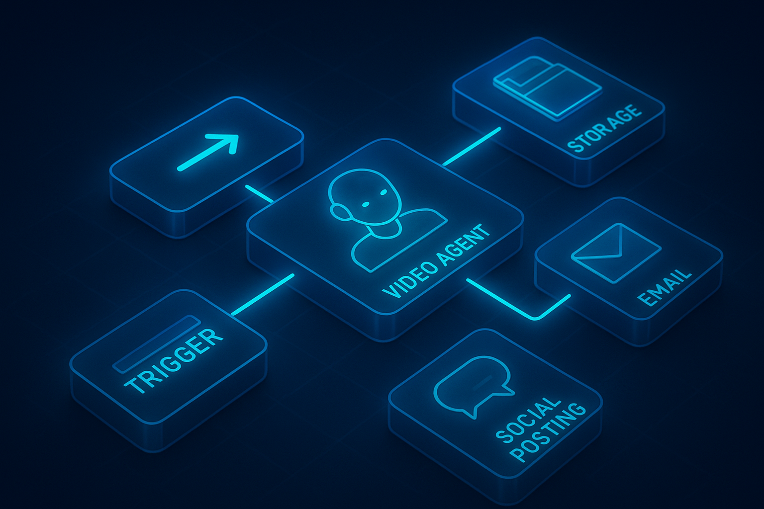 Isometric futuristic workflow diagram: a trigger block flows into an AI video agent node, then branches into storage, email, and social posting nodes. Neon lines, holographic UI panels, soft depth-of-field, moody indigo and cyan palette, sleek technical illustration style.