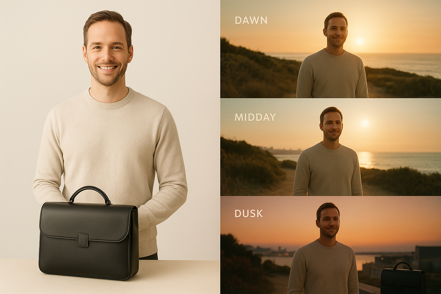 A split-screen composition: on the left, clean high-resolution context photos of a minimalist leather bag and a smiling presenter in a neutral pose with even lighting; on the right, three cinematic frames from a long-form ad where the same bag and presenter appear consistently at dawn, midday, and dusk in different locations. Hyperrealistic, soft natural light, subtle film grain, warm color palette, shallow depth of field, elegant typography overlays faintly visible in the corners.