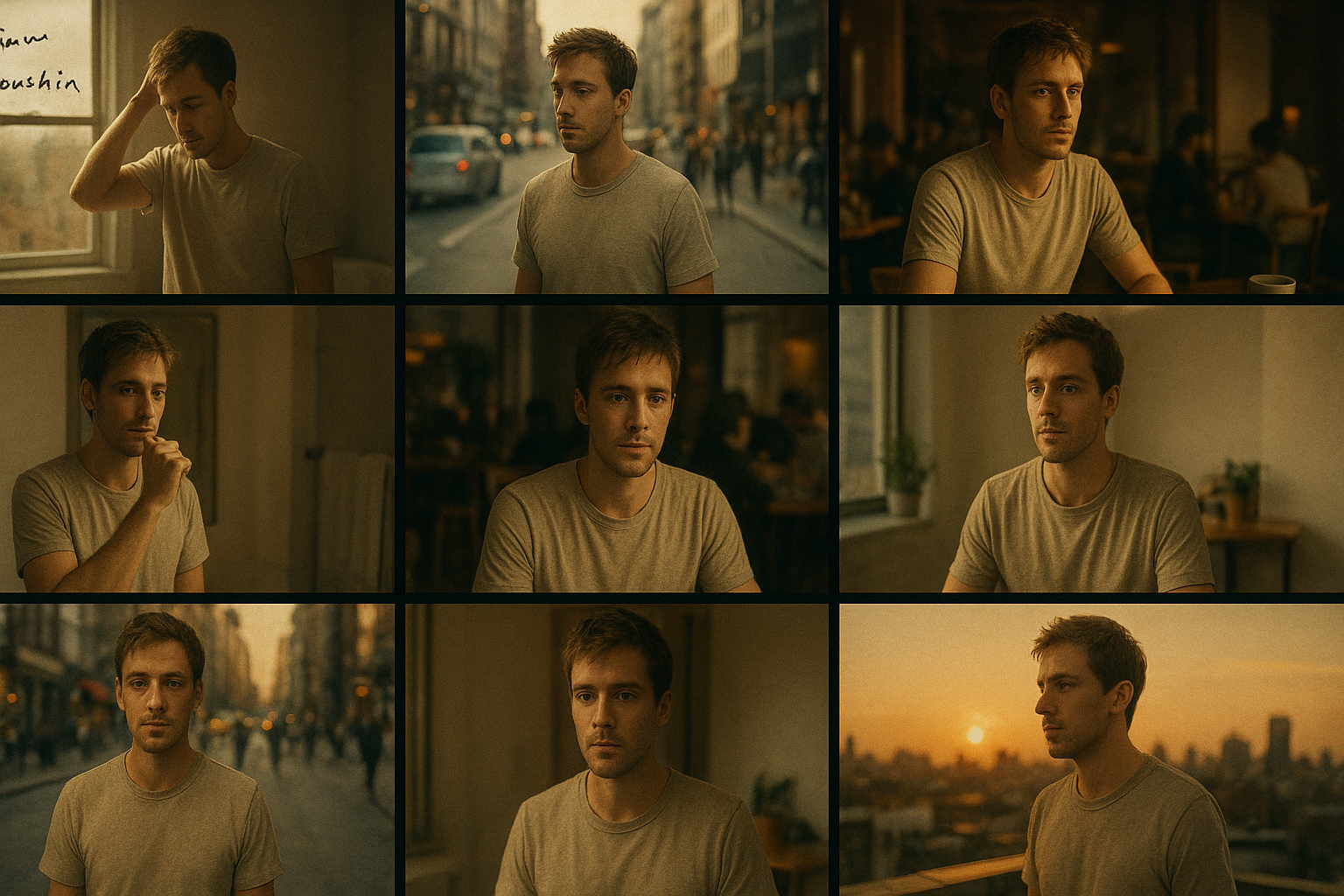 A 3x4 storyboard grid showing the same protagonist across twelve scenes—apartment morning routine, busy street, café interior, office desk, sunset rooftop—each with consistent wardrobe and facial features. Notes scribbled near frames: lens 35mm, slow push-in, warm key light. Hyperrealistic, cinematic color, gentle bloom highlights, analog film texture.