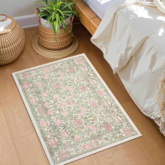 GarveeHome Pink and Green Beige Vintage Floral Small Rug 2x3 Door Mat Indoor Rugs for Entryway Washable Non-Slip TPE Backing Soft Low-Pile Rugs for Bathroom Bedroom Kitchen