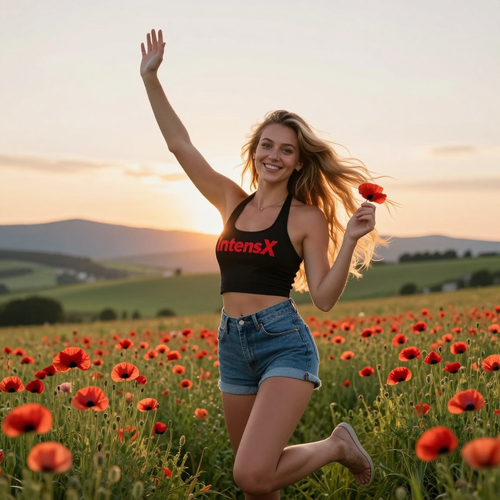 junge deutsche studentin mohnblumenfeld sonnenuntergang intensx.2